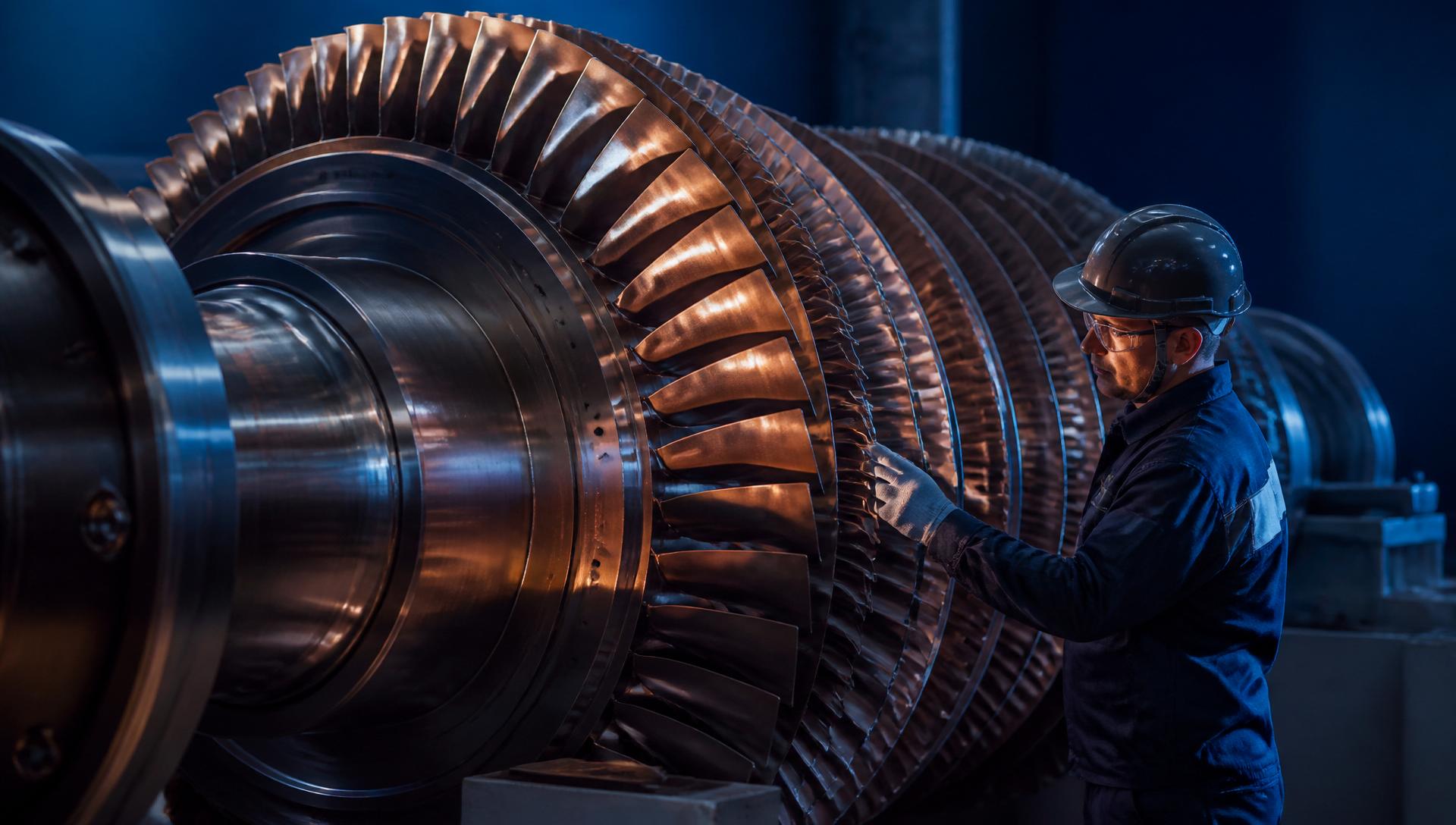 Engineer inspecting an industrial turbine rotor